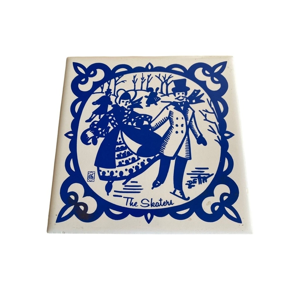 Della Signed Painted Tile The Skaters Wall Art Hanging Trivet Tile Blue and Whit